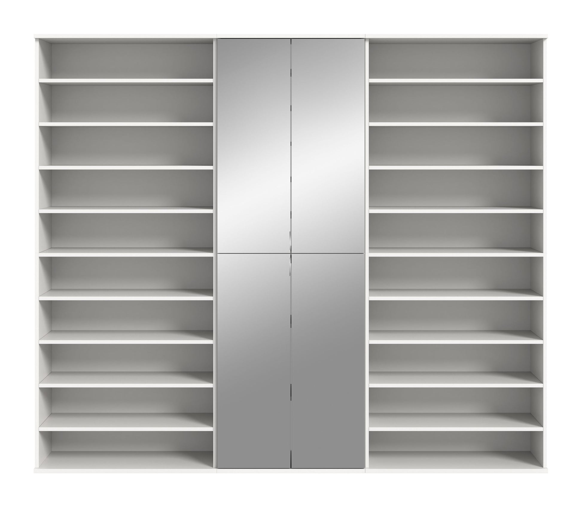 Weißer Garderoben-Schrank mit offenen Regalfächern und zwei zentralen Türen.