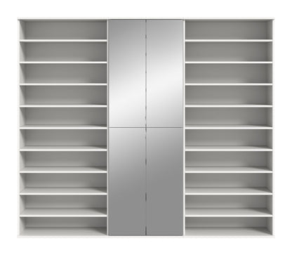 Weißer Garderoben-Schrank mit offenen Regalfächern und zwei zentralen Türen.