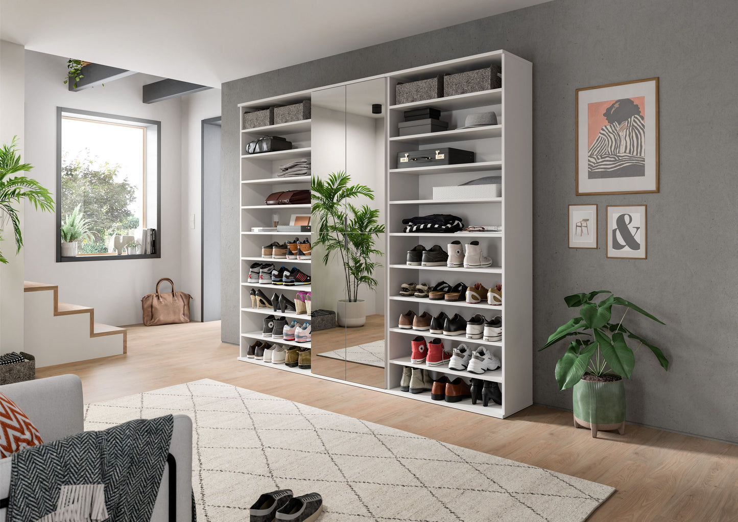 Garderoben-Systemschrank in Grau mit offenen Schuh- und Ablagefächern, zweiflügelig.
