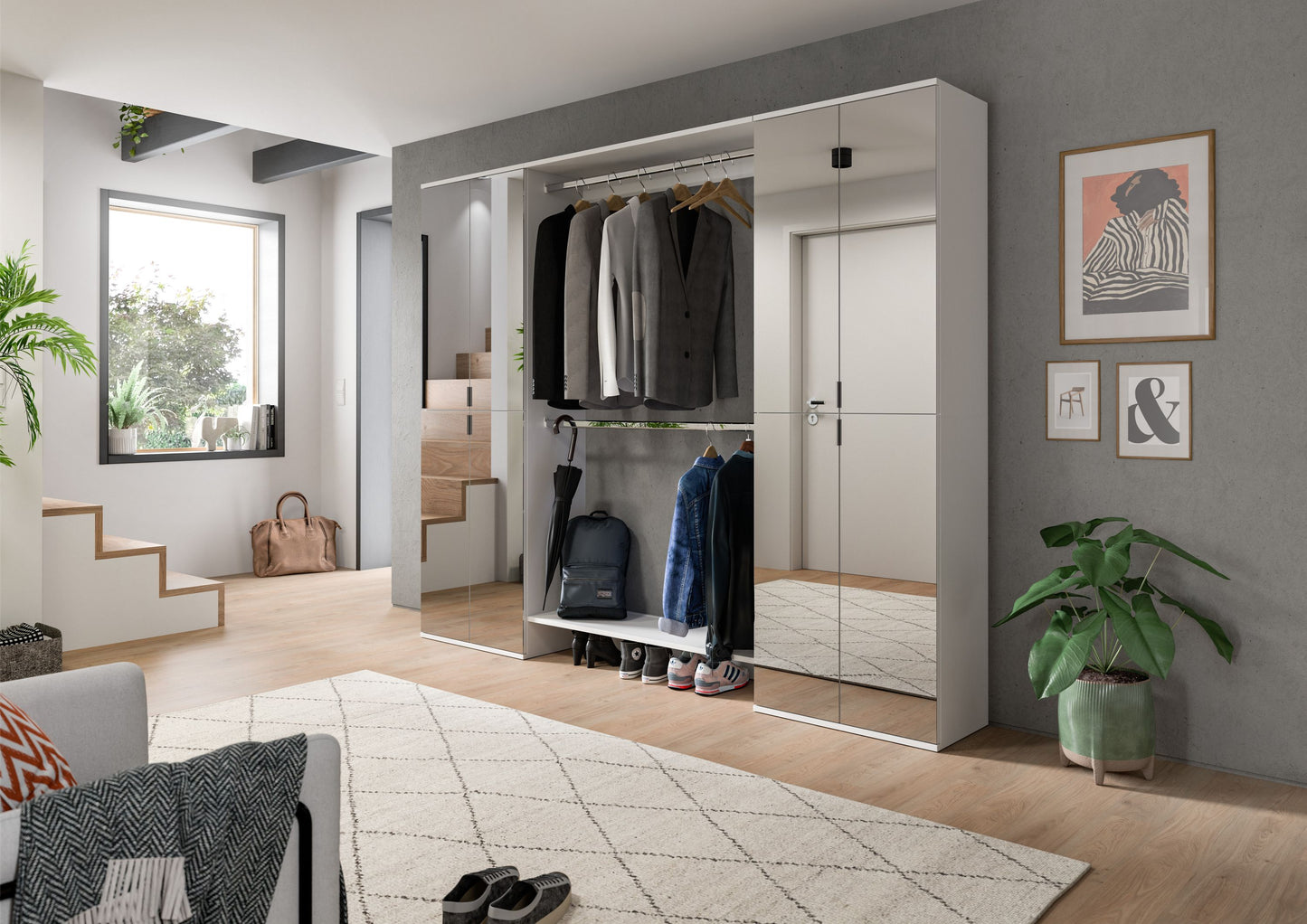Garderobenschrank-Kombination mit Kleiderstange, offenen Fächern und Spiegelansicht