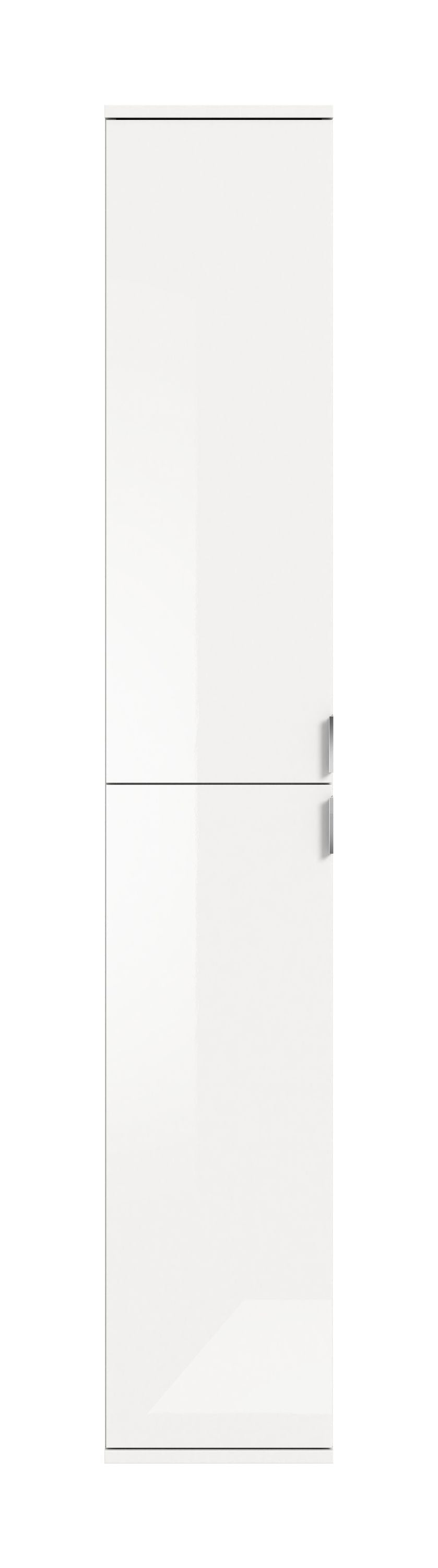 Hochschrank in Weiß mit glatter Front, verdeckten Details und schmaler Griffzone
