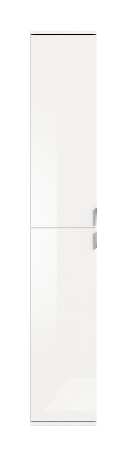 Hochschrank in Weiß mit glatter Front, verdeckten Details und schmaler Griffzone