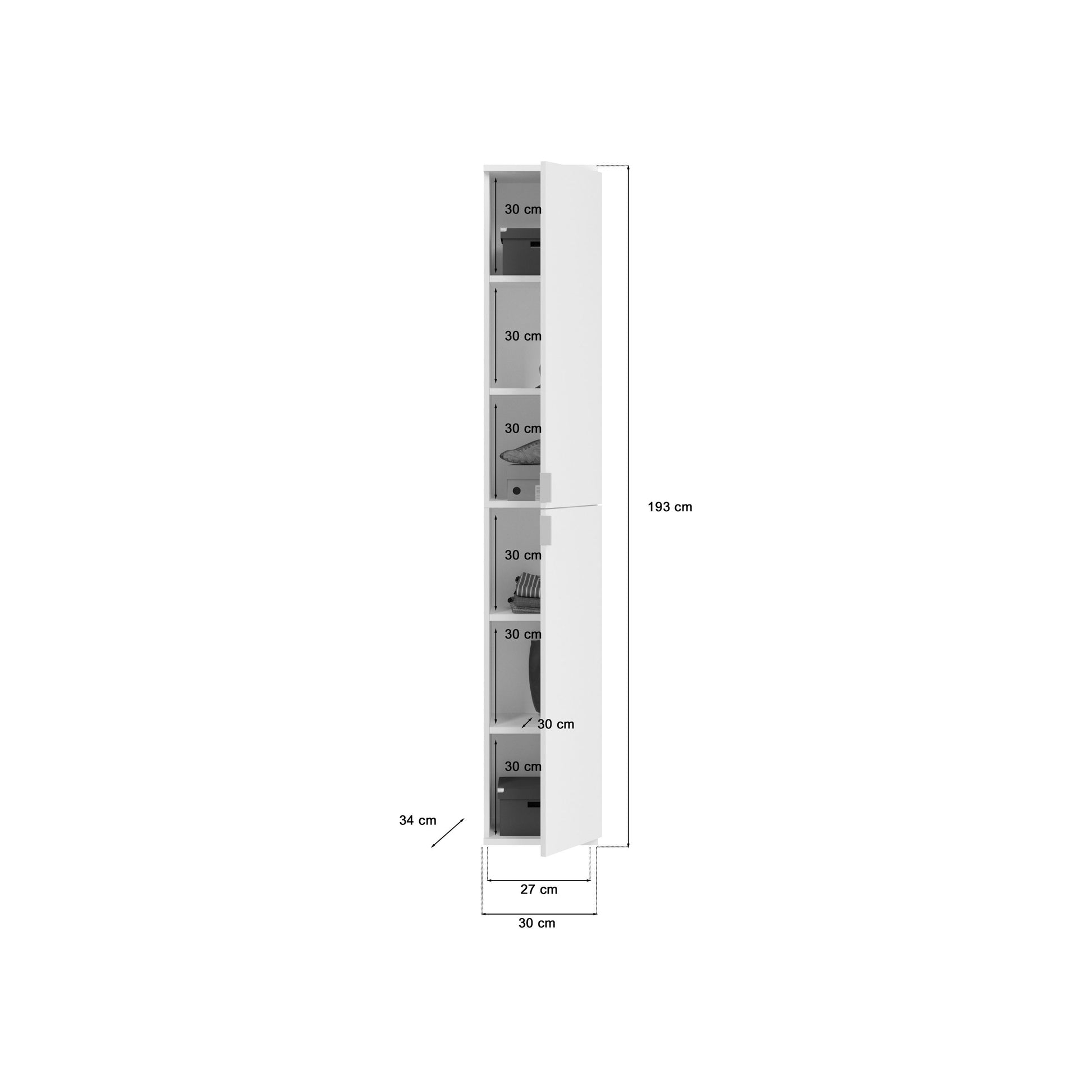 Hochschrank Maße: Höhe 193 cm, Breite 27 cm, Tiefe 30 cm; offene Fächer innen