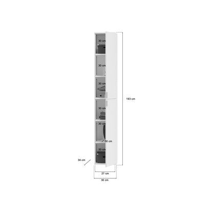 Hochschrank Maße: Höhe 193 cm, Breite 27 cm, Tiefe 30 cm; offene Fächer innen