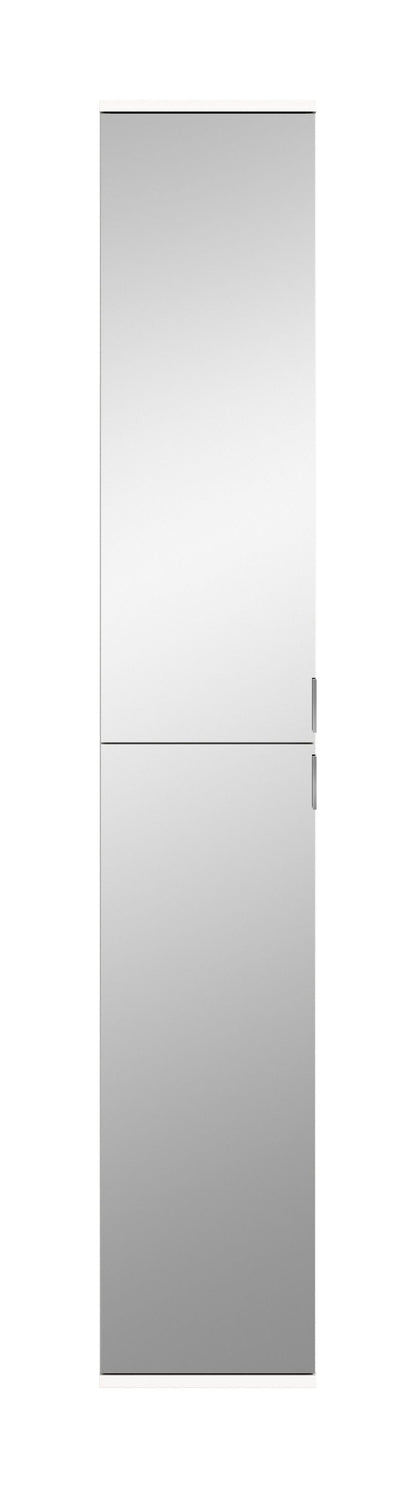 Spiegeltür-Schrank mit vertikaler Griffkante und mittiger Trennfuge, weiß