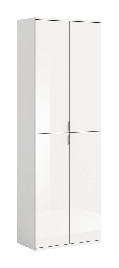 Weißer Hochschrank mit zwei Türen, mittigem Griffpaar und klaren Linien