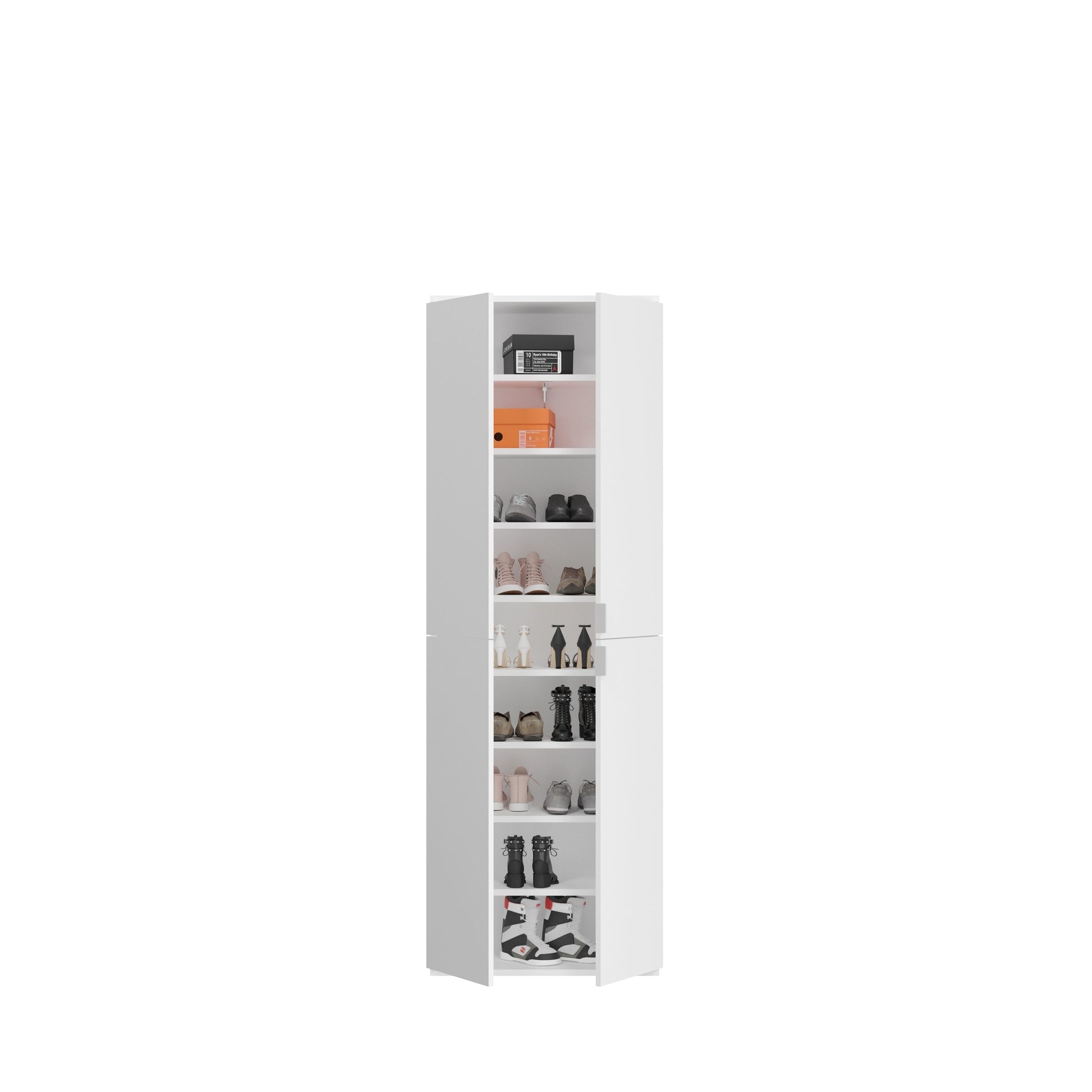 Weißer Hochschrank mit geöffneten Türen und Einlegeböden für Schuhe und Accessoires