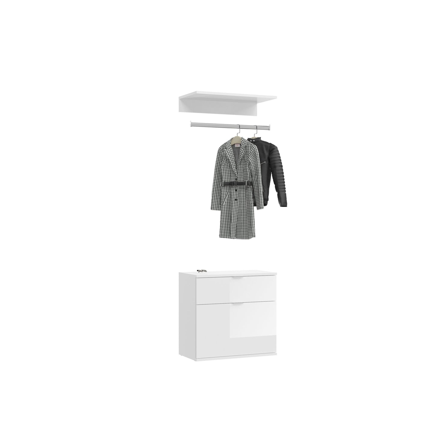 3-teiliges Garderobenset in Weiß: Paneel mit Hutablage und Kleiderhaken, Schrank mit Tür