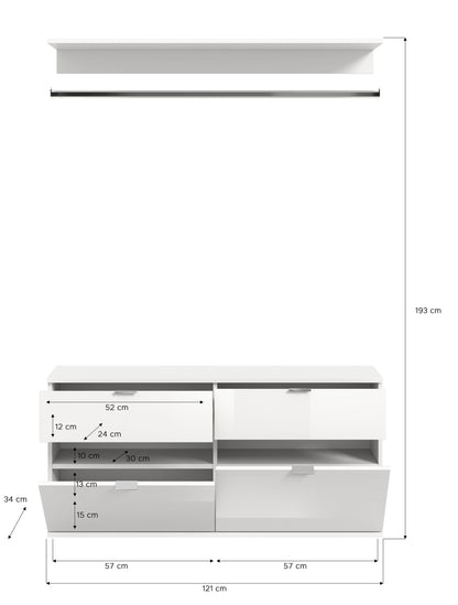 Weißes Garderobenset mit Paneel und Schrank, mit Maßangaben zu Breite und Höhe