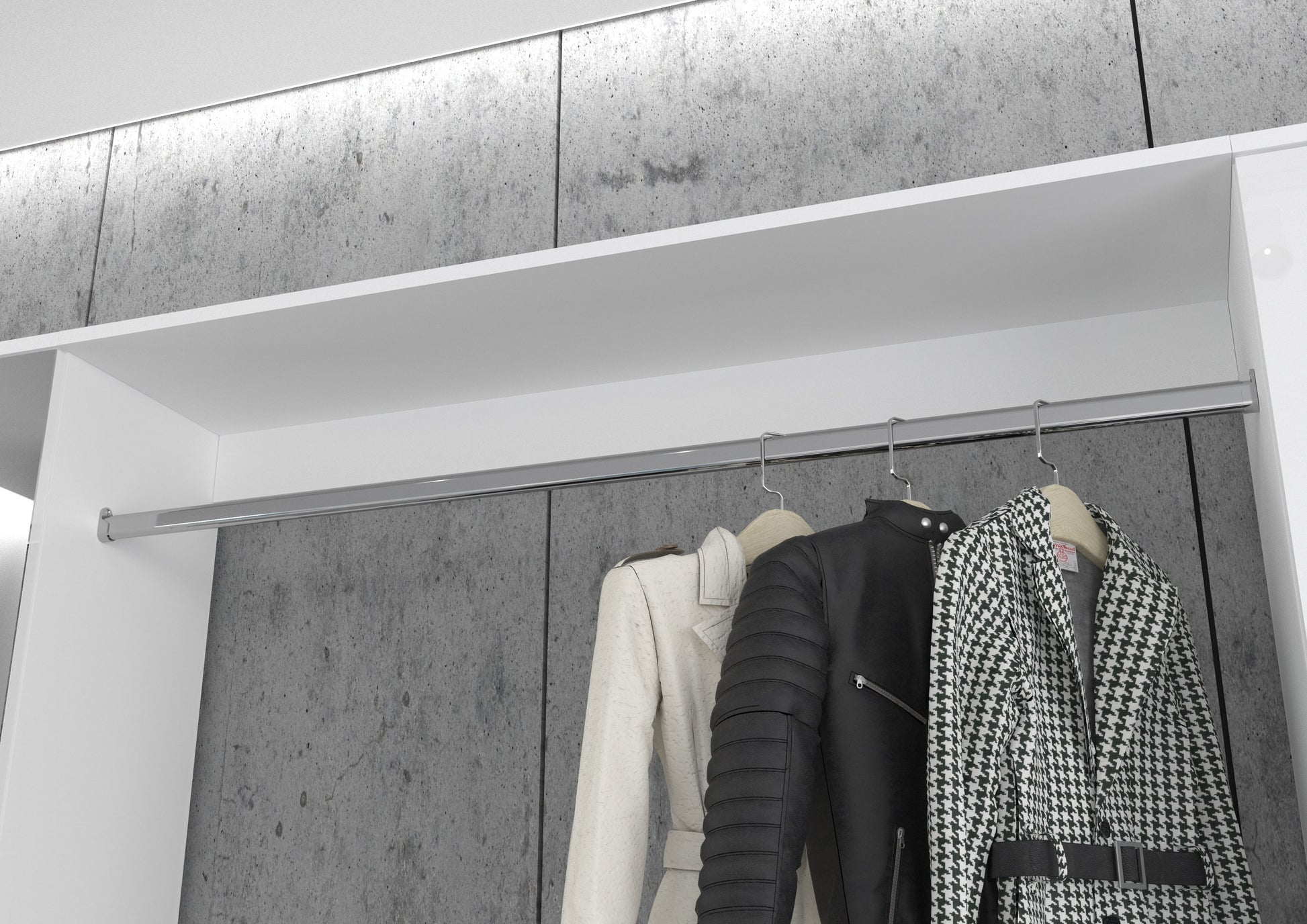Weißes Garderobenpaneel mit Kleiderstange und hängender Kleidung im Detail