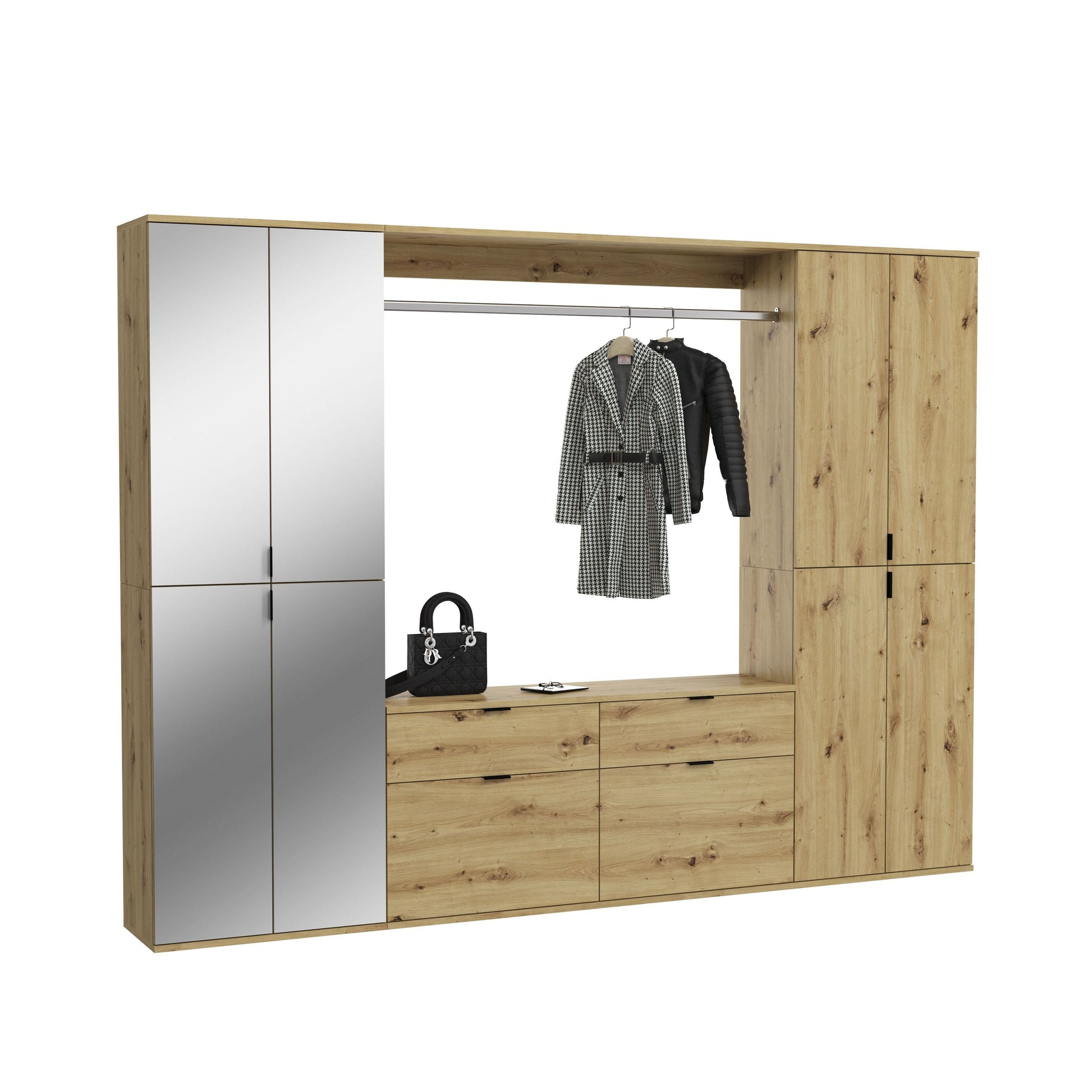 Garderoben-Set mit Glasfront, Holzoptik/Weiß: Kleiderstange und Schubfächer