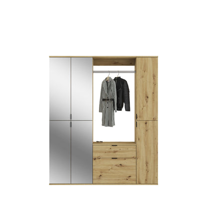 Garderobenschrank offen: Kleiderstange, Fach mit Holzboden und Schubladen