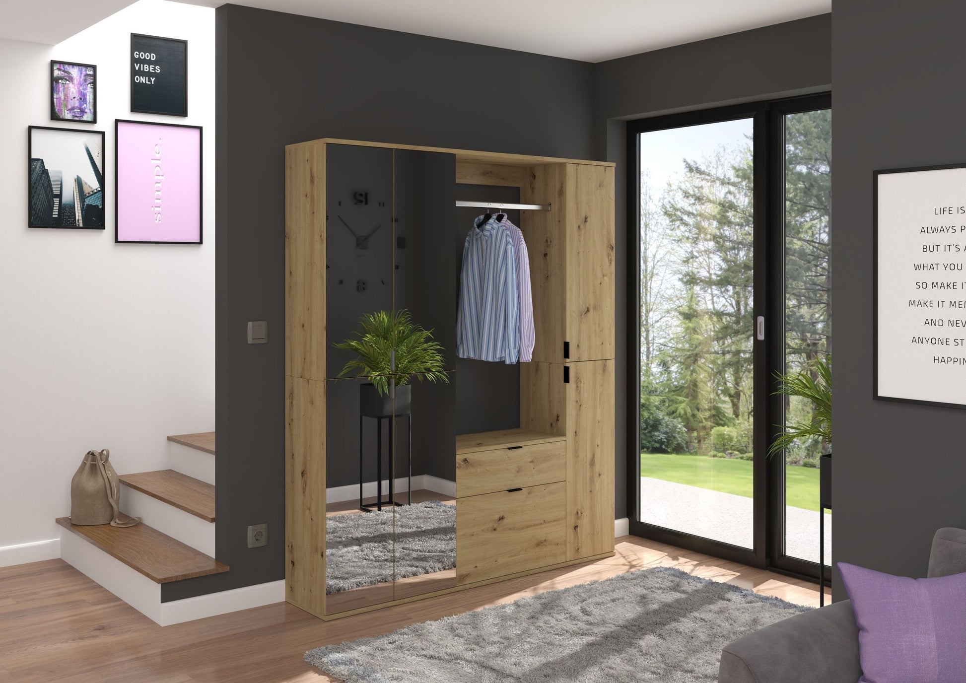 Garderobenschrank mit Glaseinsatz, Kleiderstange und Schubladen in Artisan Eiche, weiß