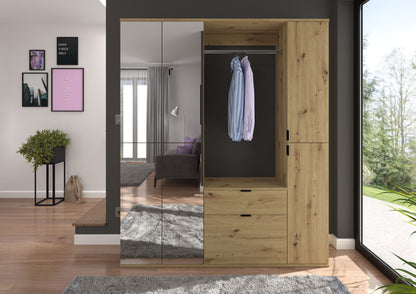 Garderobenschrank mit offener Front, Kleiderstange und Schubladen; Artisan Eiche