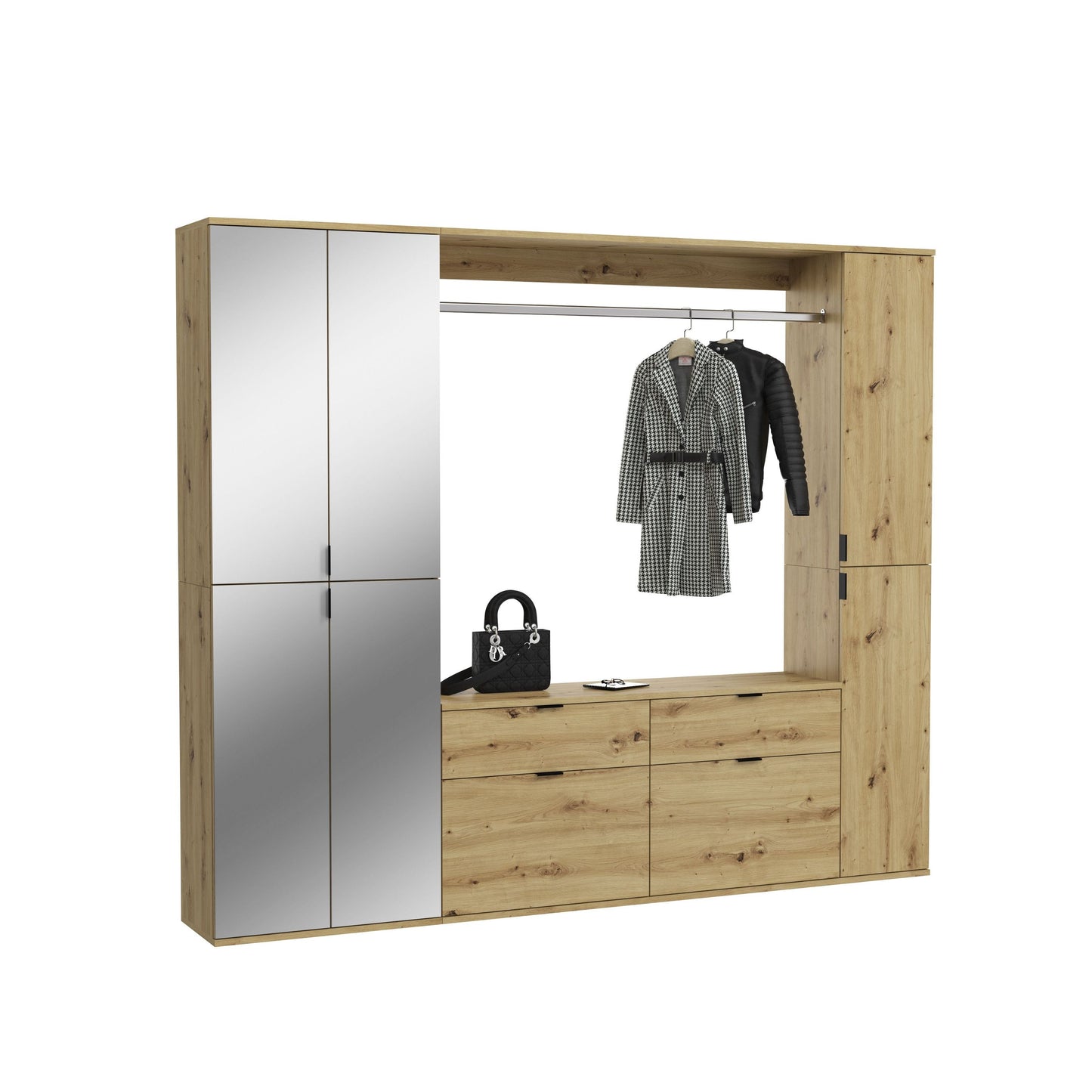 Garderoben- und Schuhschrank mit Kleiderstange, Frontfächern und Schubladen