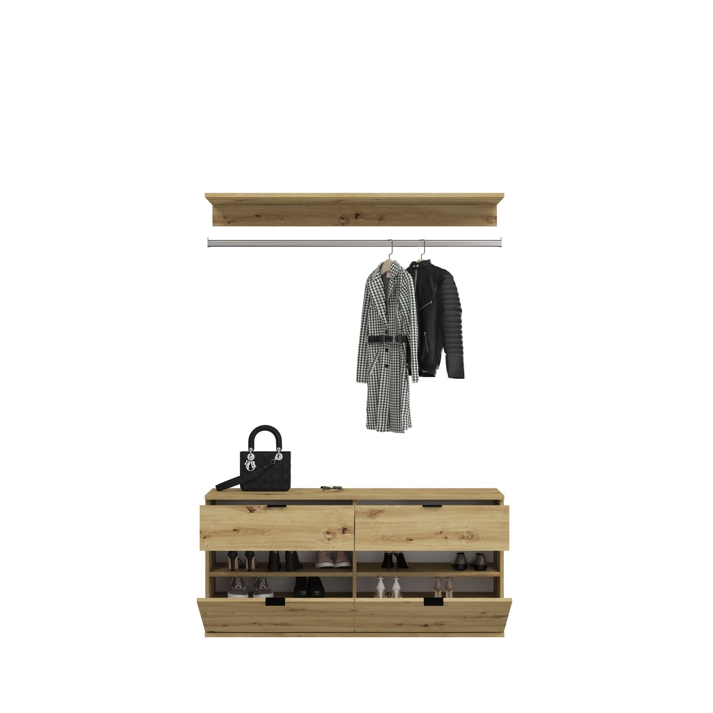 Garderoben- und Schuhschrank mit Kleiderstange, Schuhfächern und durchgehender Front