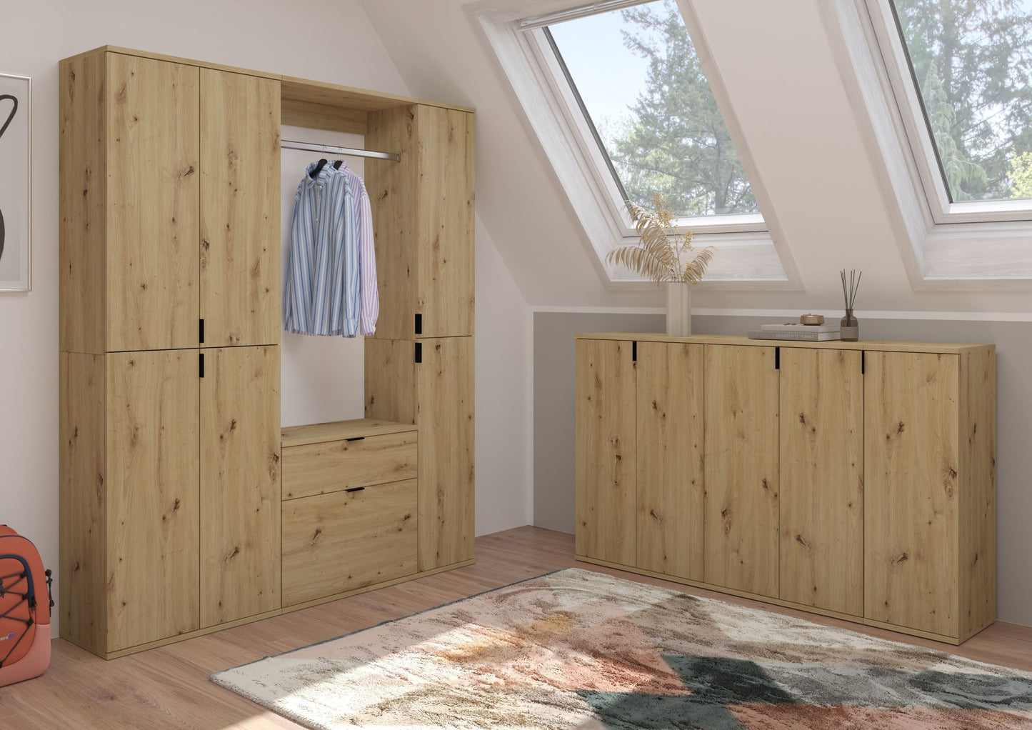 Garderobenschrank-Set in Artisan-Eiche, links offene 2 Türen mit Kleiderstange