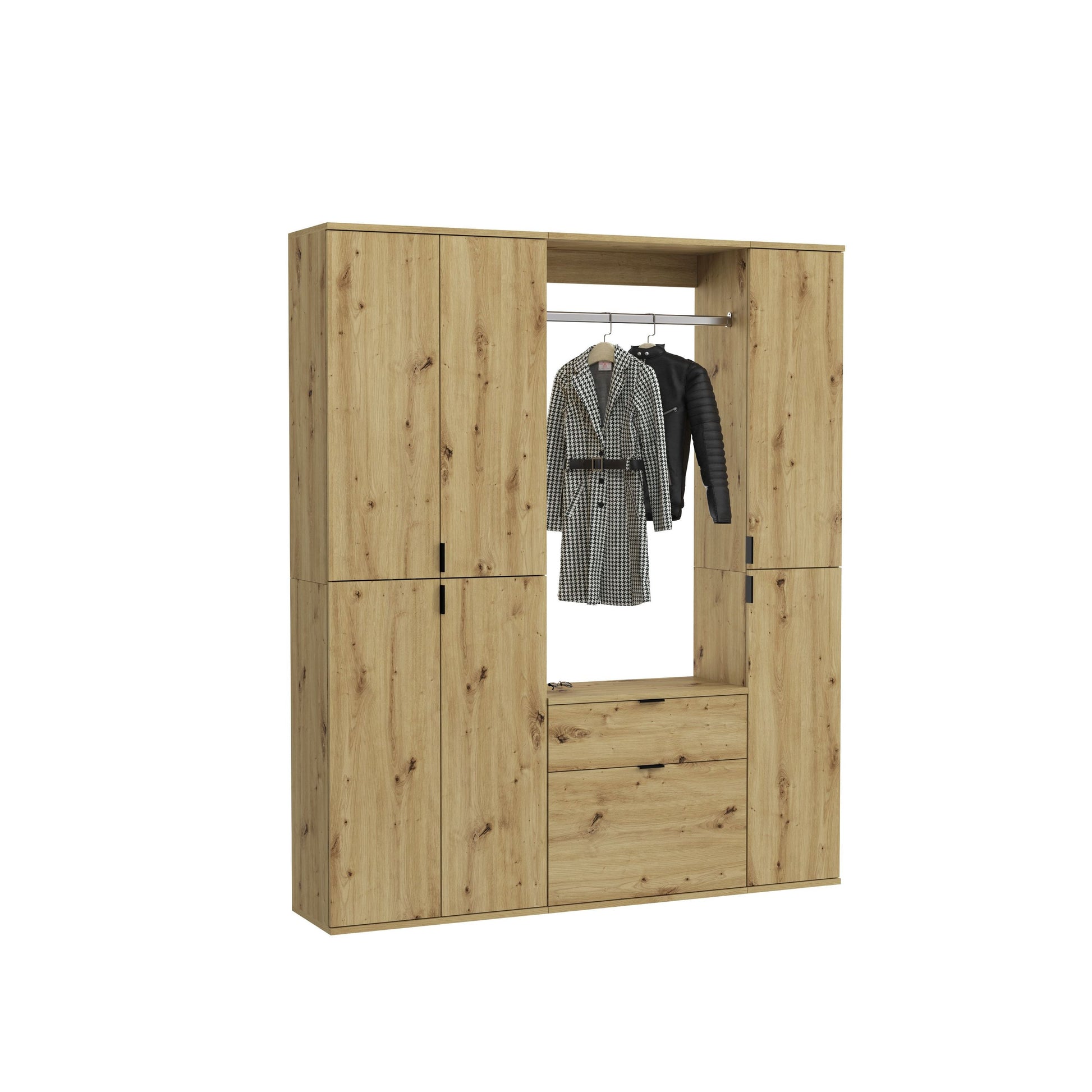 Garderobenschrank in Artisan Eiche Optik, innen mit Kleiderstange und Türen vorn