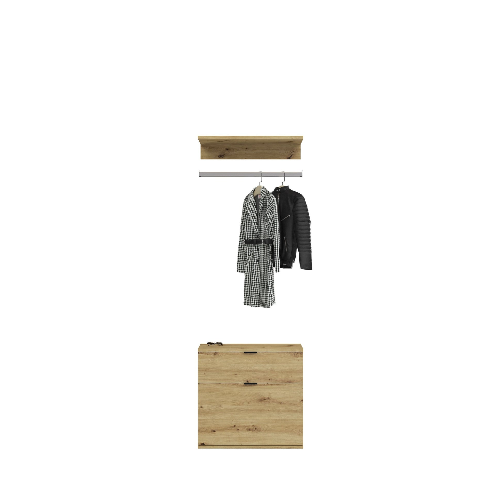 Garderobenschrank-Set Artisan Eiche, Kleiderstange mit Jacken und darunter Schublade
