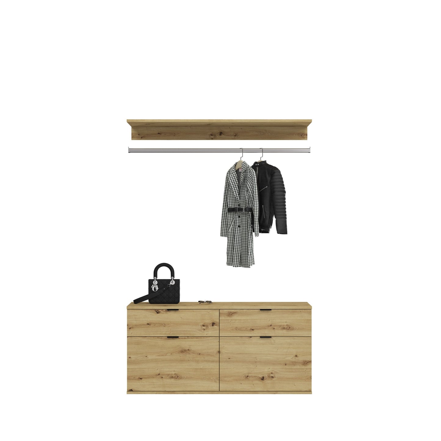 Garderobenschrank mit Kleiderstange und Ablage, helle Eichenholzoptik und Schubladen