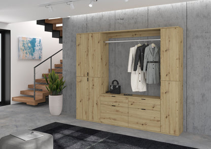 Schuh- und Garderobenschrank mit Spiegelöffnung, Kleiderstange und hellem Eichenholzdekor