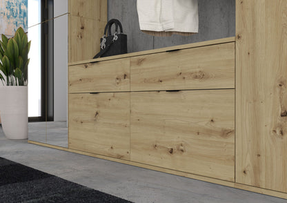 Schuhschrank-Front mit 3 Fächern und Schubladen in Eiche-Nachbildung, Griffleisten schwarz