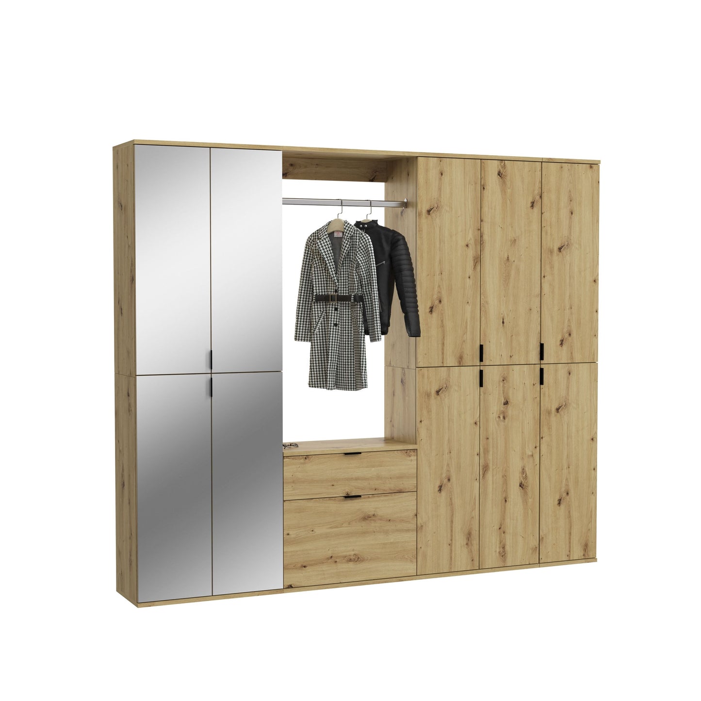 Garderobenschrank-Set in Artisan Eiche mit weißen Türen, Kleiderstange und Schubfächern