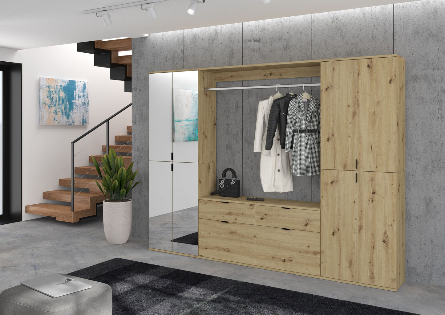 Schrank in Artisan-Eiche-Optik mit Kleiderstange, Schubladen und offenen Fächern