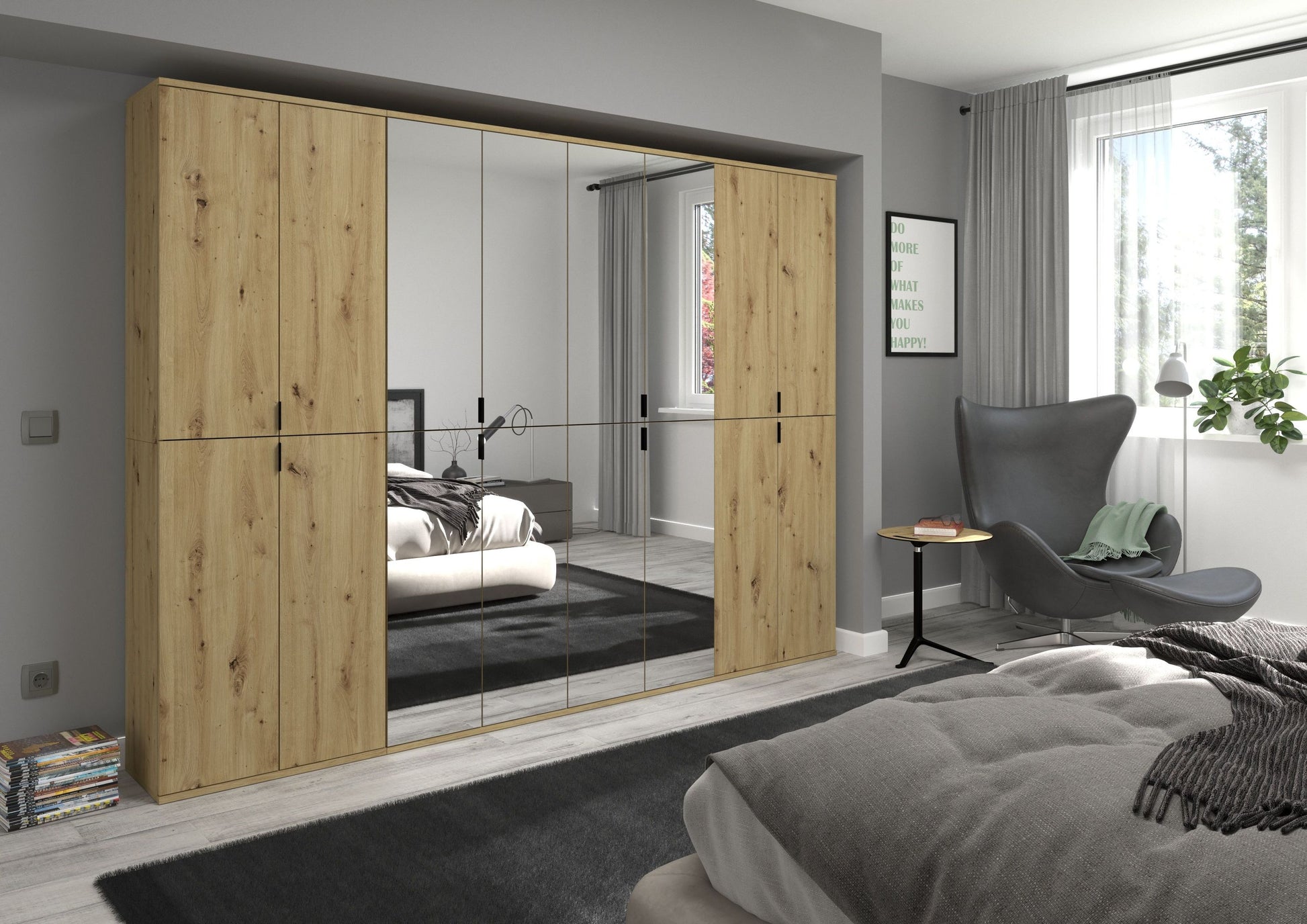 Großer Schrank in Artisan-Eiche-Optik mit zwei Türen und schwarzen Griffen