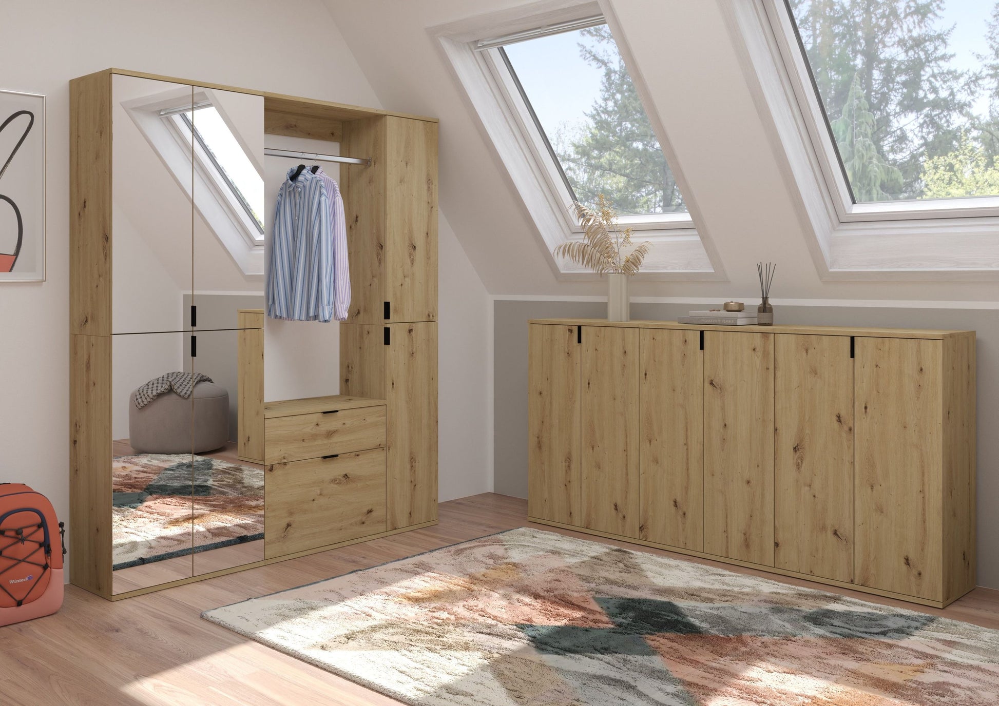 3-teiliges Garderobenset in Artisan Eiche: Schrank mit Paneel, Hutablage und Kleiderhaken