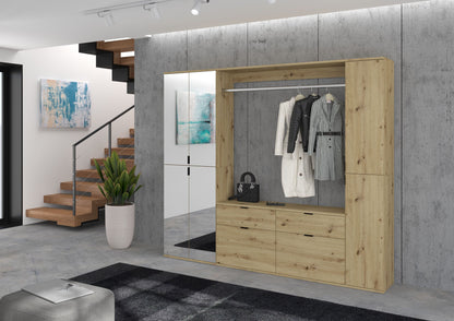 Garderobenset mit Holzdekor-Schrank und Paneel; Hutablage und Kleiderhaken