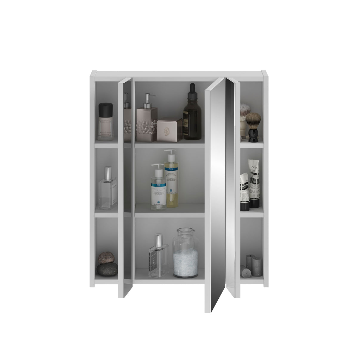 Badspiegelschrank mit 3 Spiegeltüren, geöffnet, Innenraum mit Fächern für Badutensilien