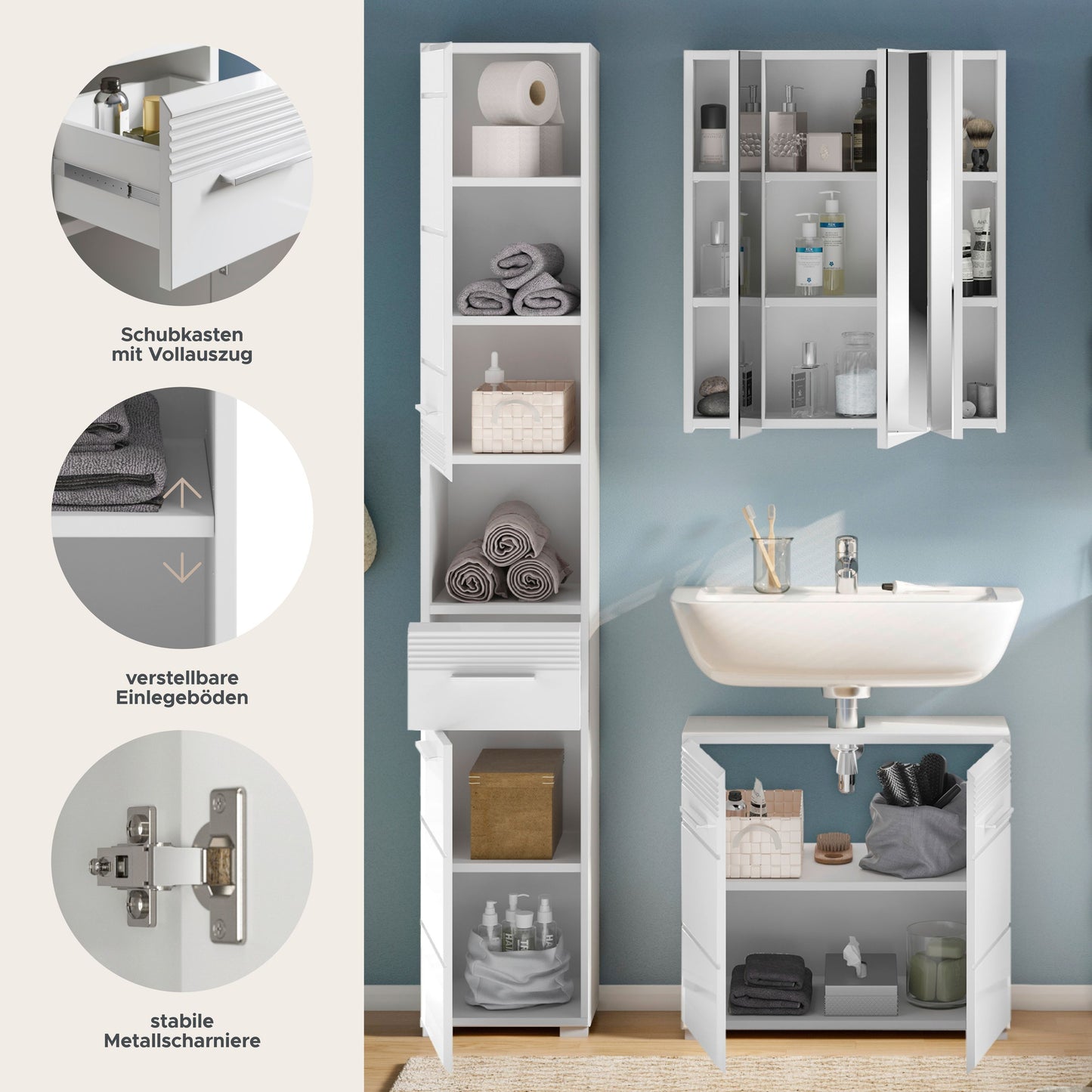 Homes & Jones Badezimmermöbel Set 3tlg. mit Spiegelschrank, Hochschrank und WBU