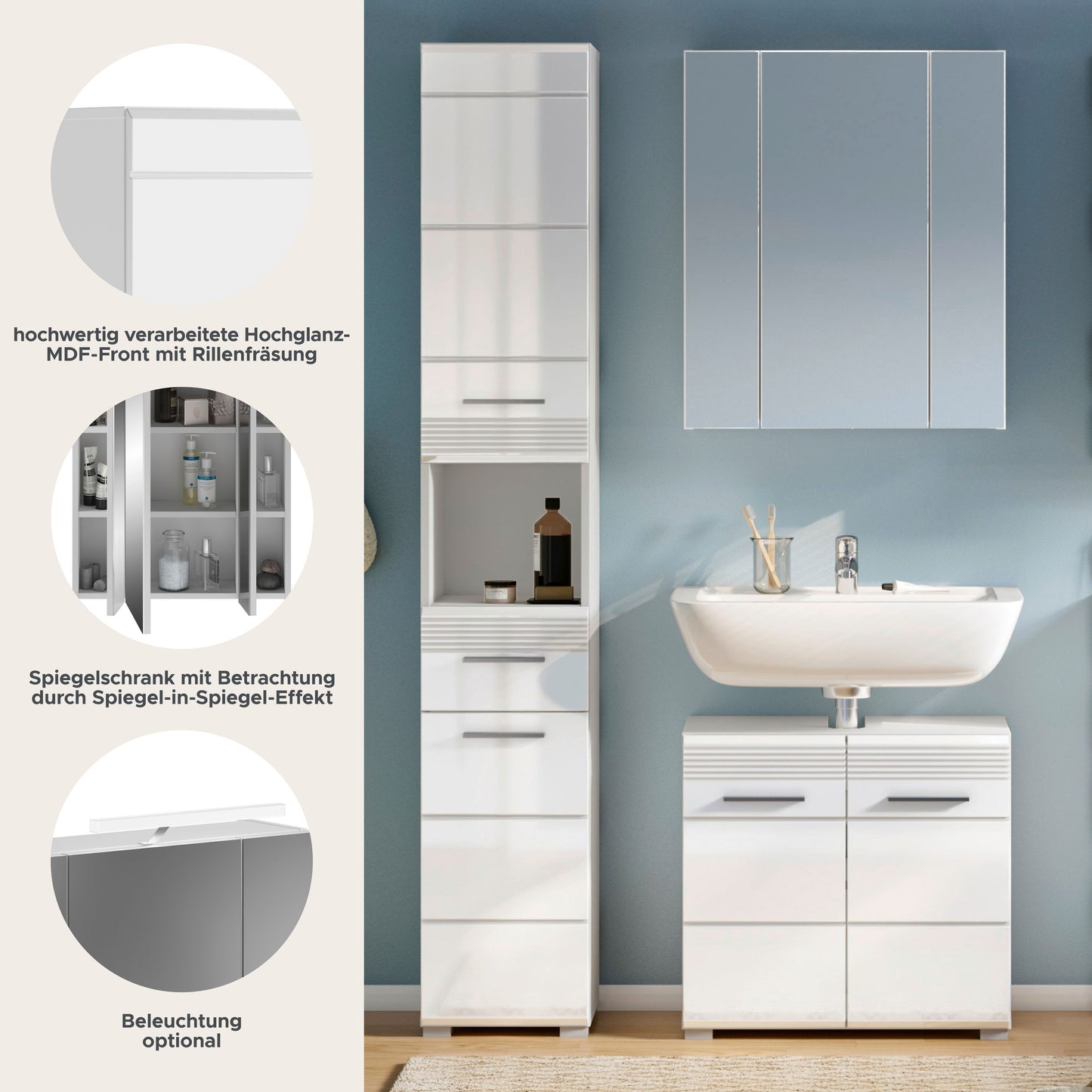 Homes & Jones Badezimmermöbel Set 3tlg. mit Spiegelschrank, Hochschrank und WBU