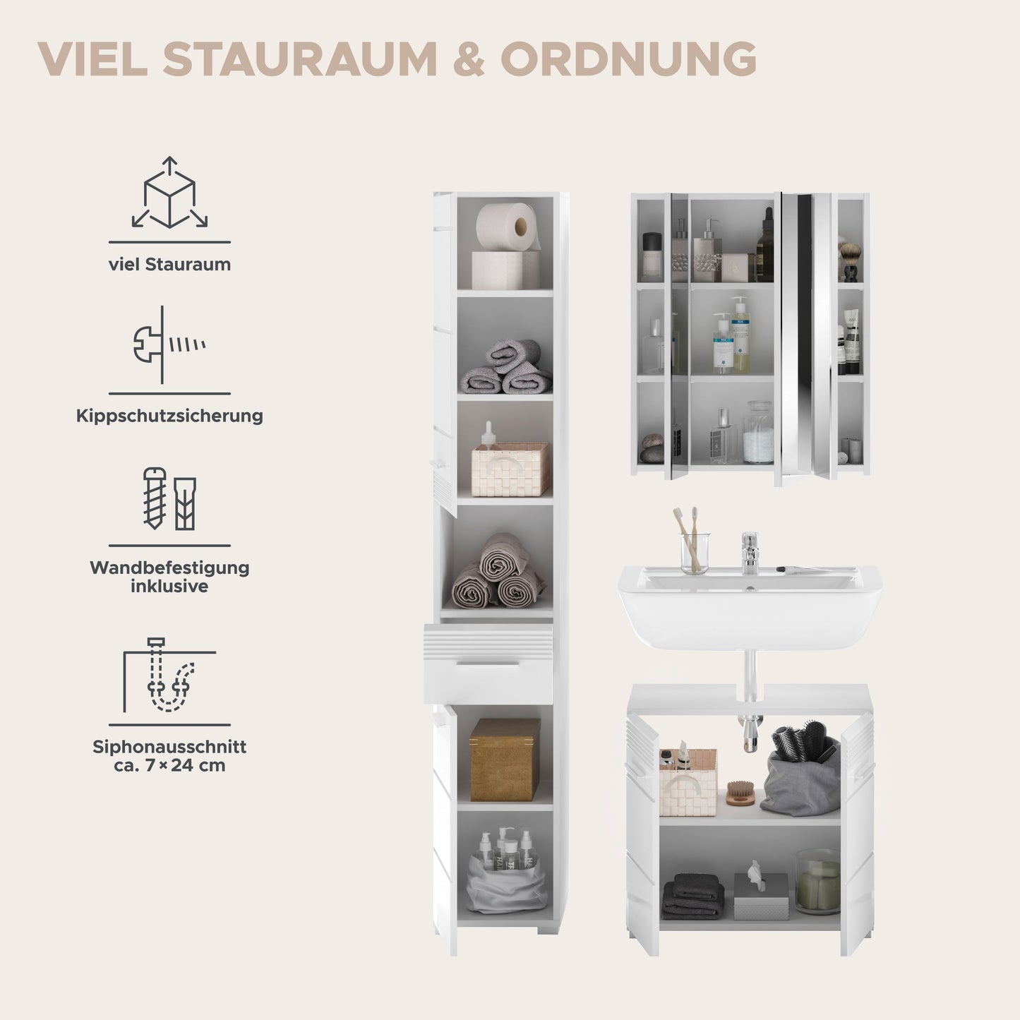 Homes & Jones Badezimmermöbel Set 3tlg. mit Spiegelschrank, Hochschrank und WBU