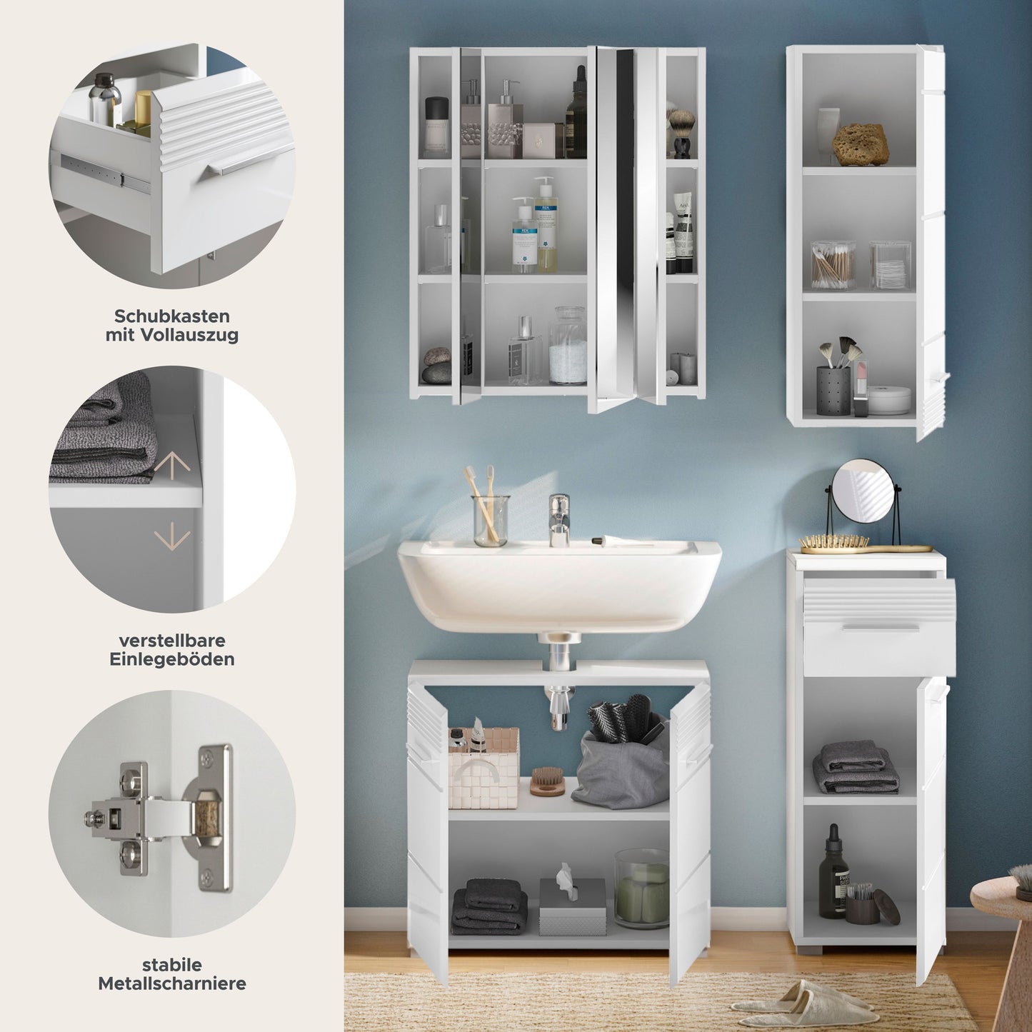 Homes & Jones Badezimmermöbel Set 4tlg. Hochglanz Front, Badezimmer-Set