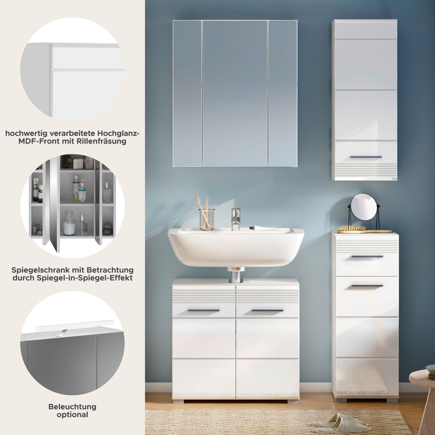 Homes & Jones Badezimmermöbel Set 4tlg. Hochglanz Front, Badezimmer-Set