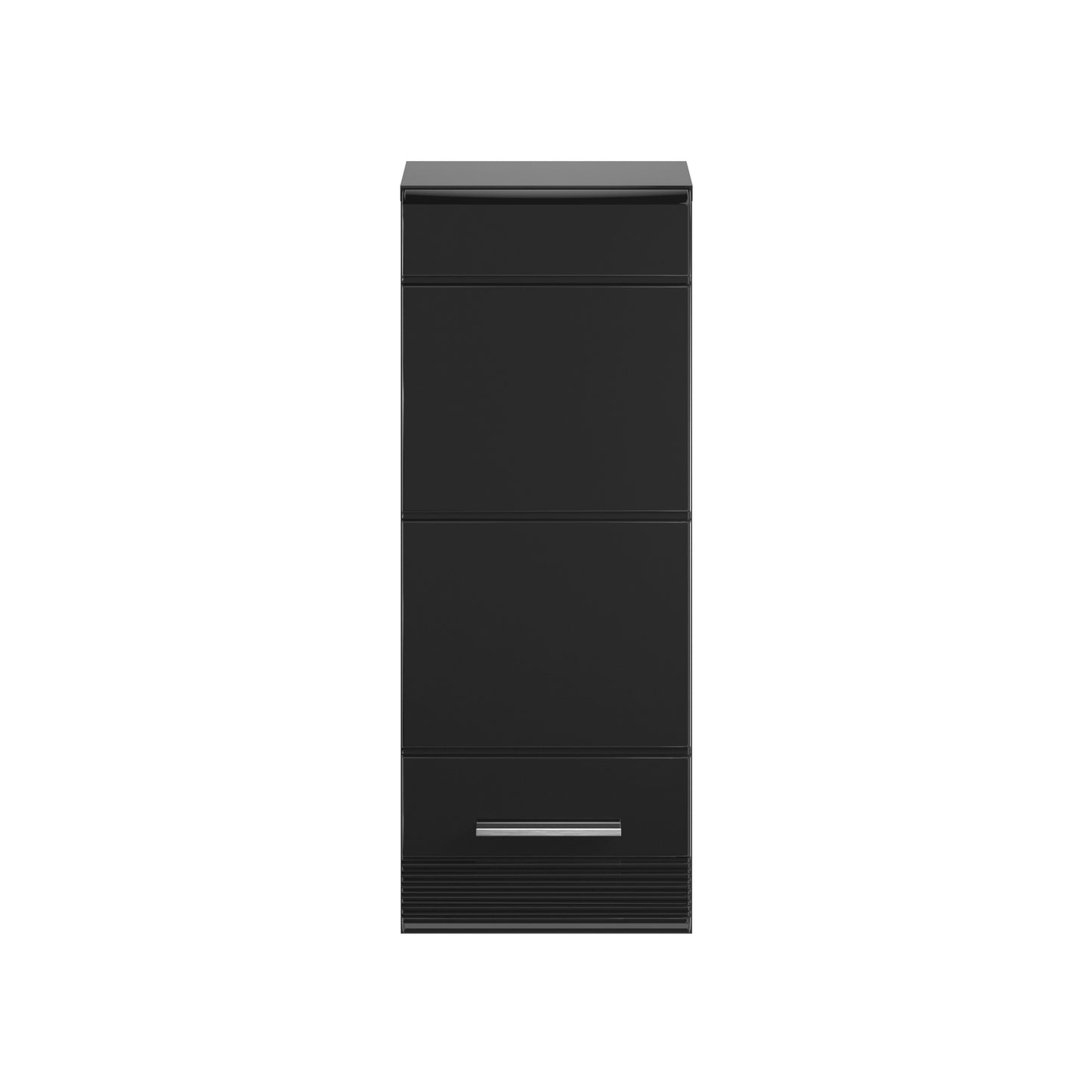 Schwarzer Badezimmerschrank mit Hochglanzfront, zwei Schubladen und Griffleiste unten