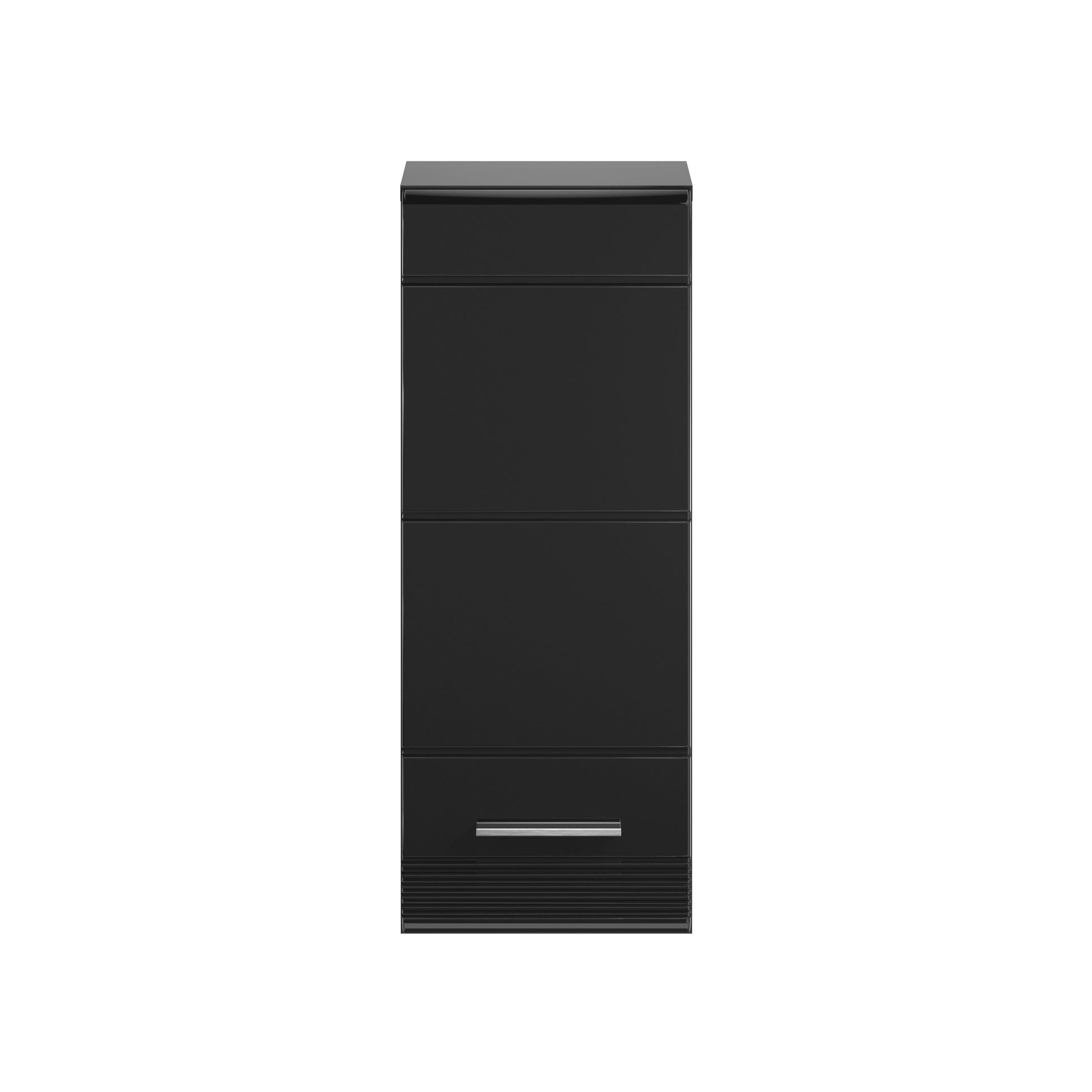 Schwarzer Badezimmerschrank mit Hochglanzfront, zwei Schubladen und Griffleiste unten