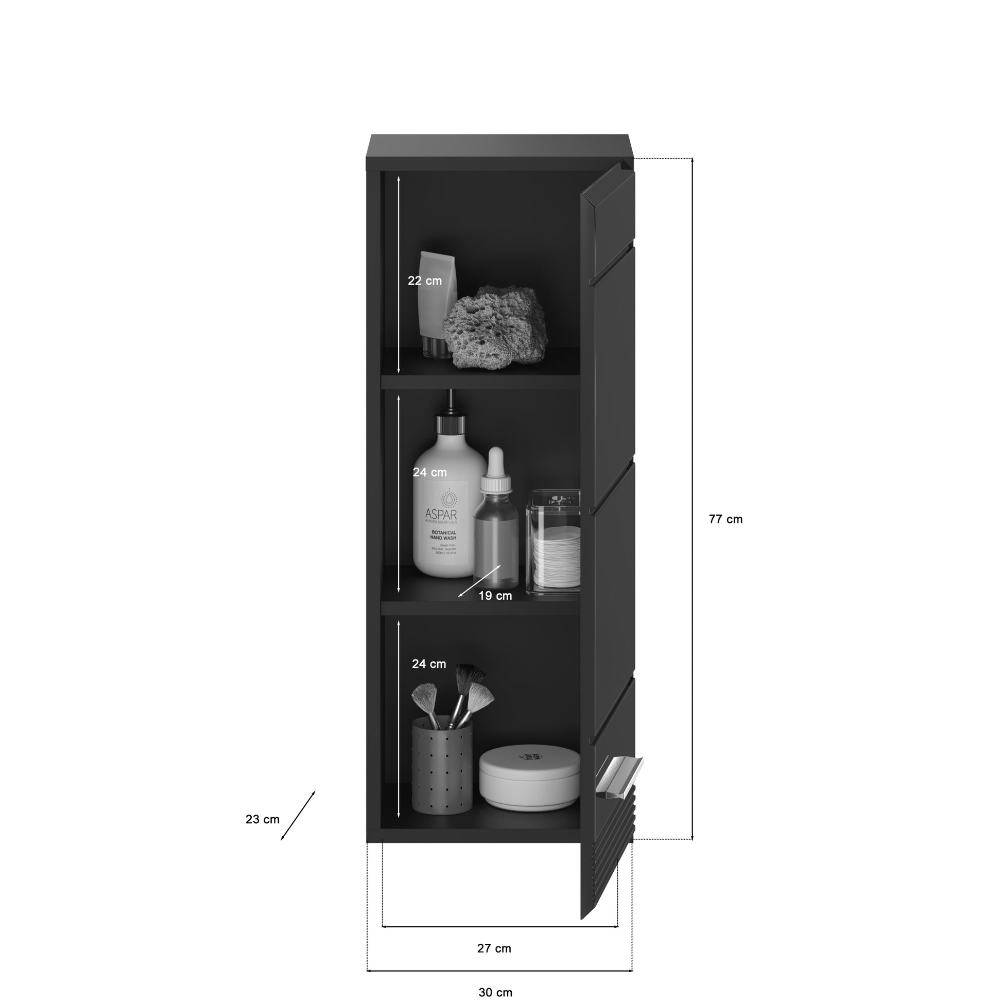Schwarzer Badezimmerschrank mit Hochglanzfront und offenen Fächern, innen mit Regalen