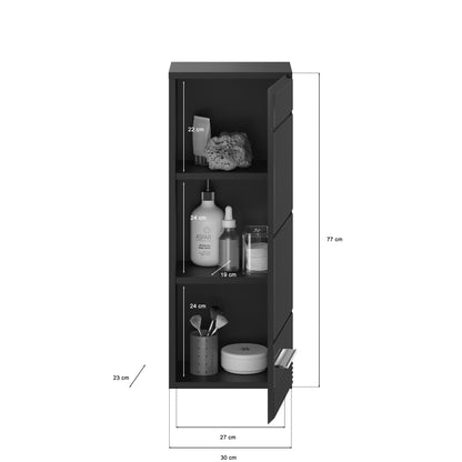 Schwarzer Badezimmerschrank mit Hochglanzfront und offenen Fächern, innen mit Regalen