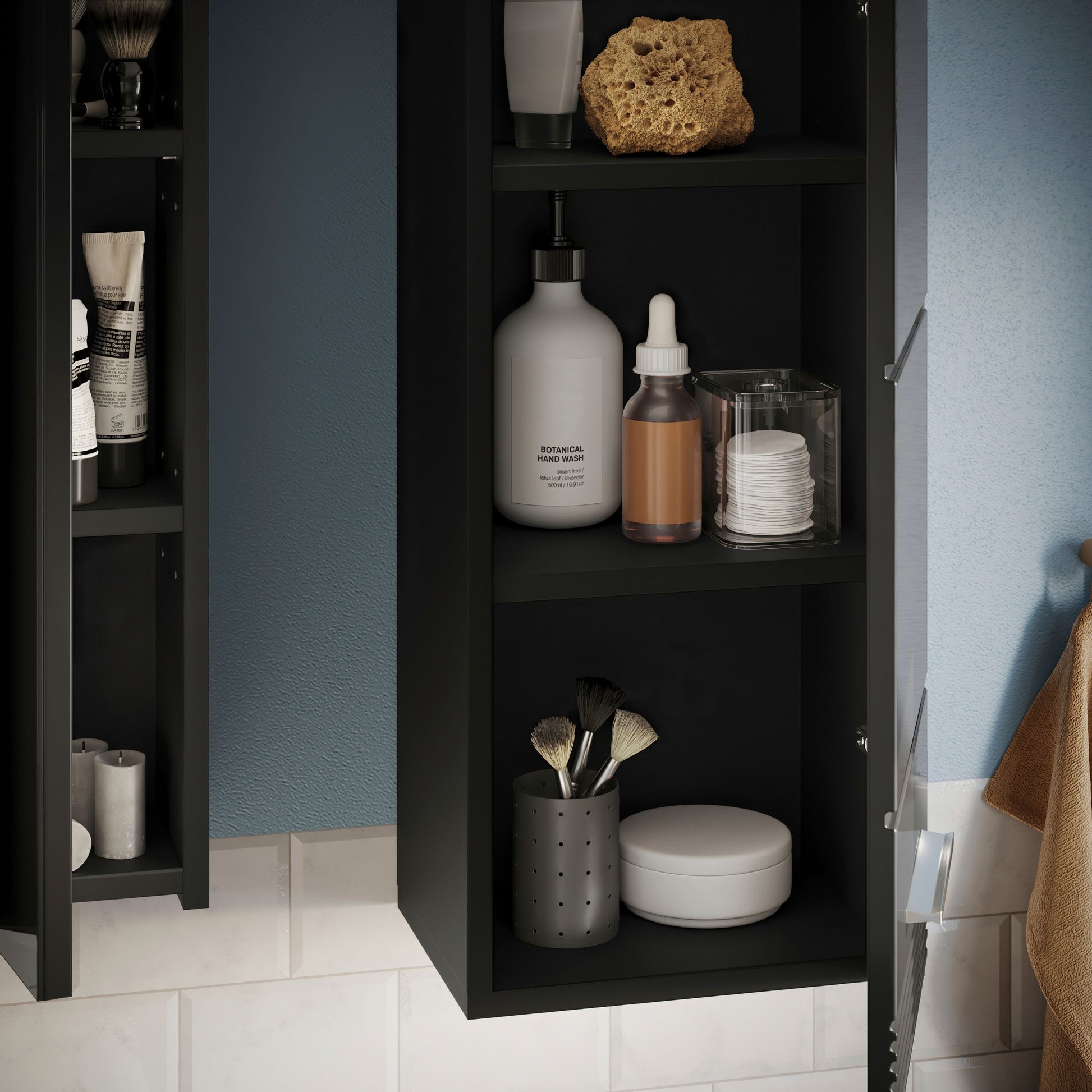 Badezimmerschrank mit offenen Fächern, schwarz, mit Regalen für Pflege-Accessoires