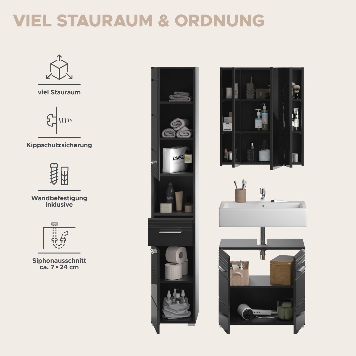Homes & Jones Badezimmermöbel Set 3tlg. mit Spiegelschrank, Hochschrank und WBU