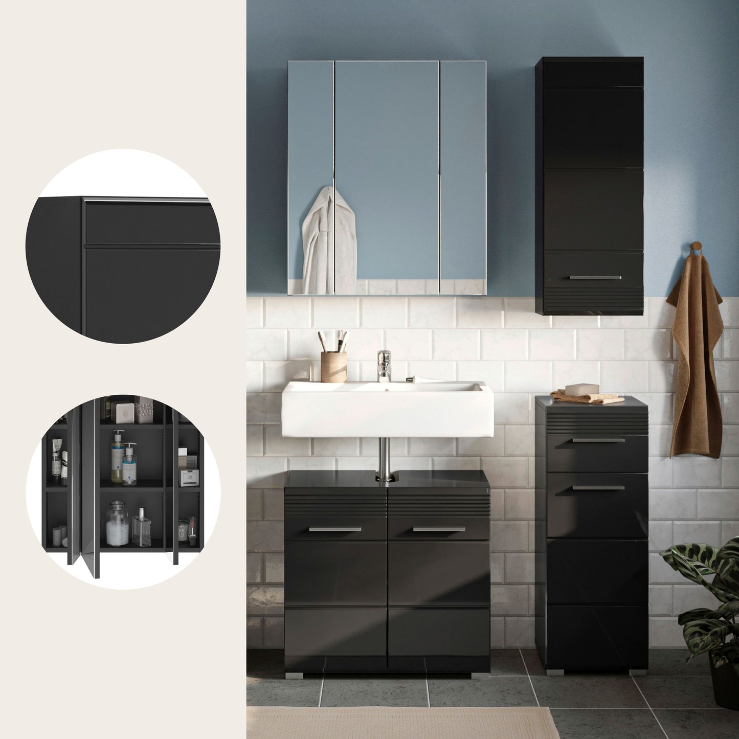 Homes & Jones Badezimmermöbel Set 4tlg. Hochglanz Front, Badezimmer-Set