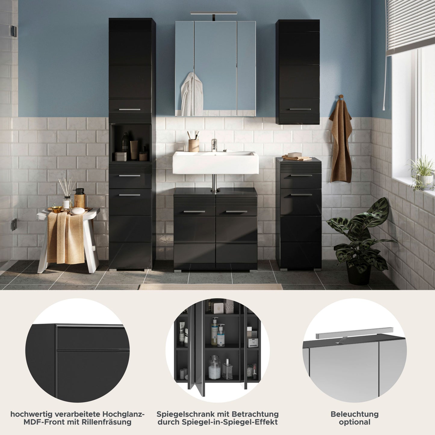 Ensemble de meubles de salle de bain Linus 5 pièces, éclairage inclus