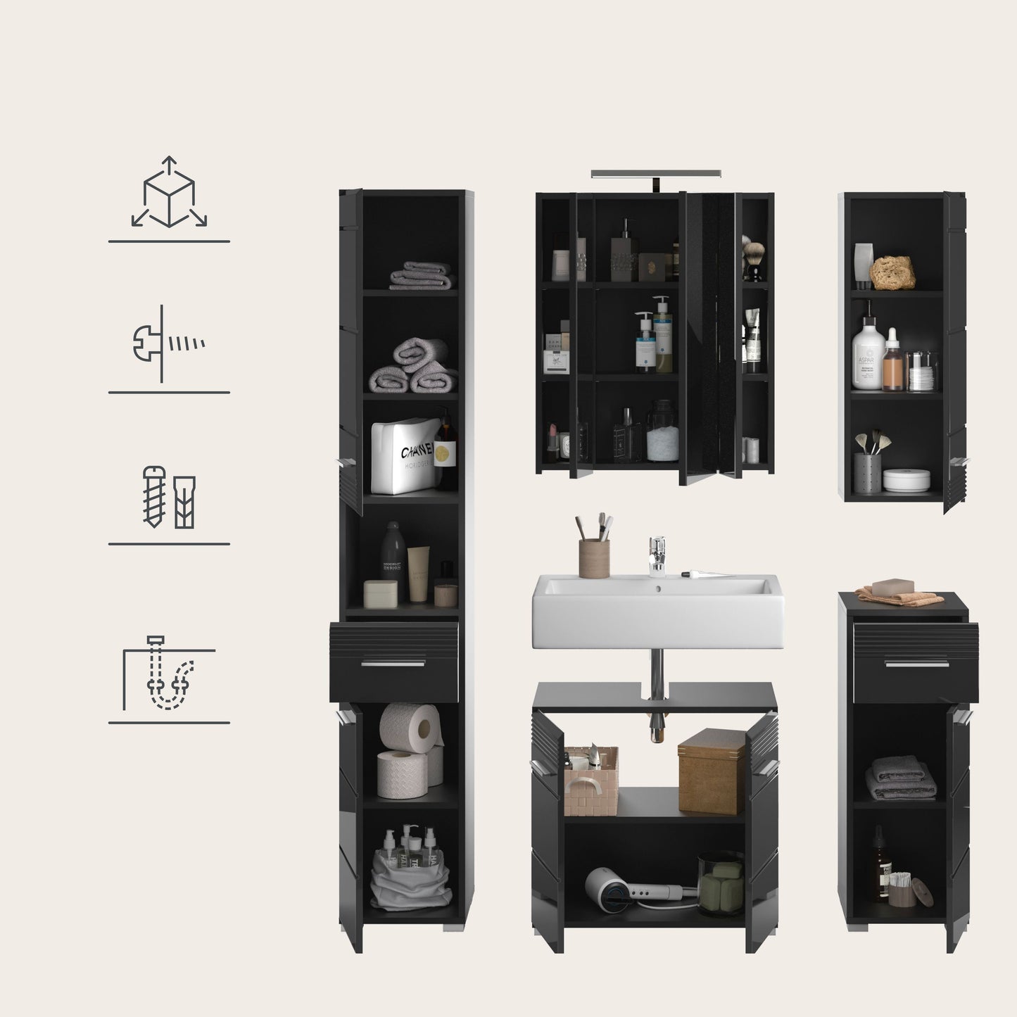 Ensemble de meubles de salle de bain Linus 5 pièces, éclairage inclus