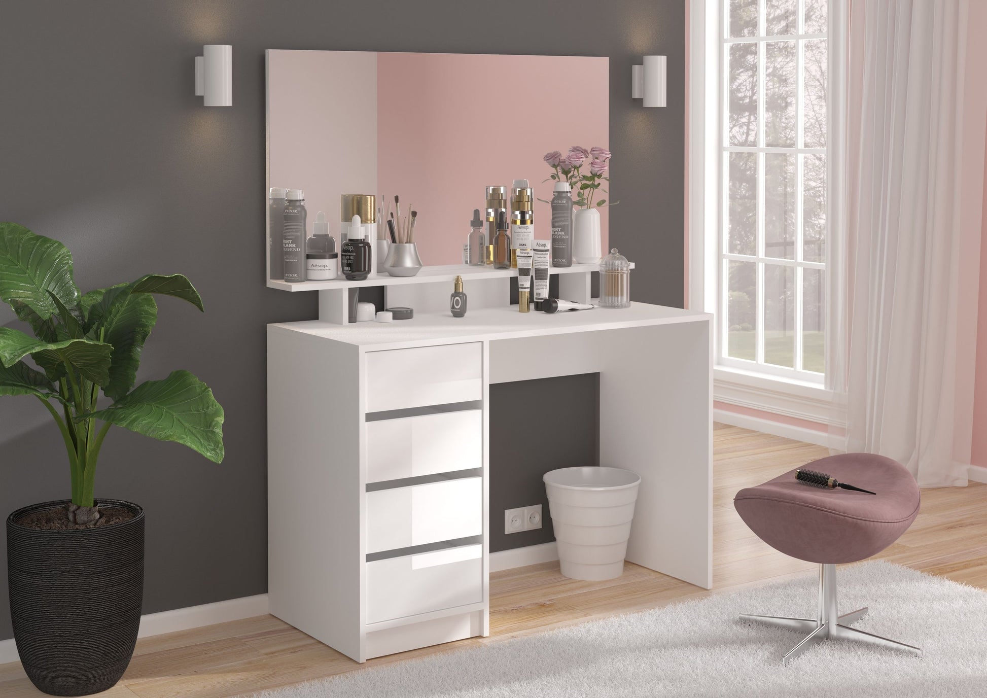 Schminktisch mit Aufsatzspiegel: weißes Sideboard mit Spiegelaufsatz und Schubladenfächern