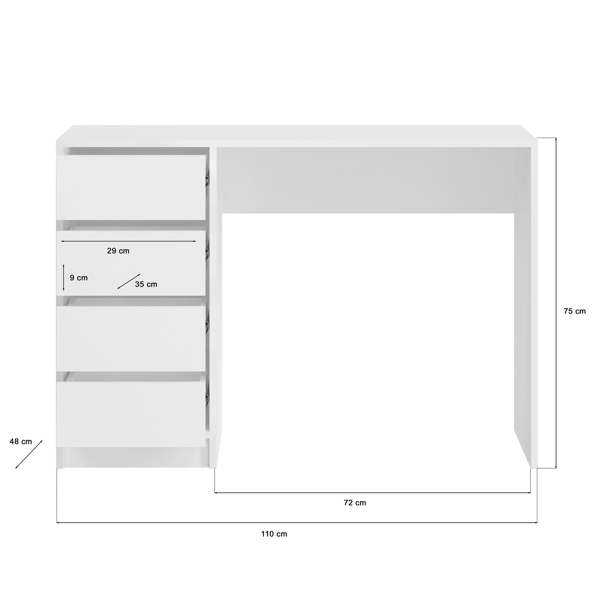 Schminktisch in Weiß mit Maßen 110×72×75 cm, Schubkästen links und offener Ablage