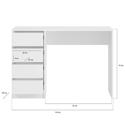 Schminktisch in Weiß mit Maßen 110×72×75 cm, Schubkästen links und offener Ablage