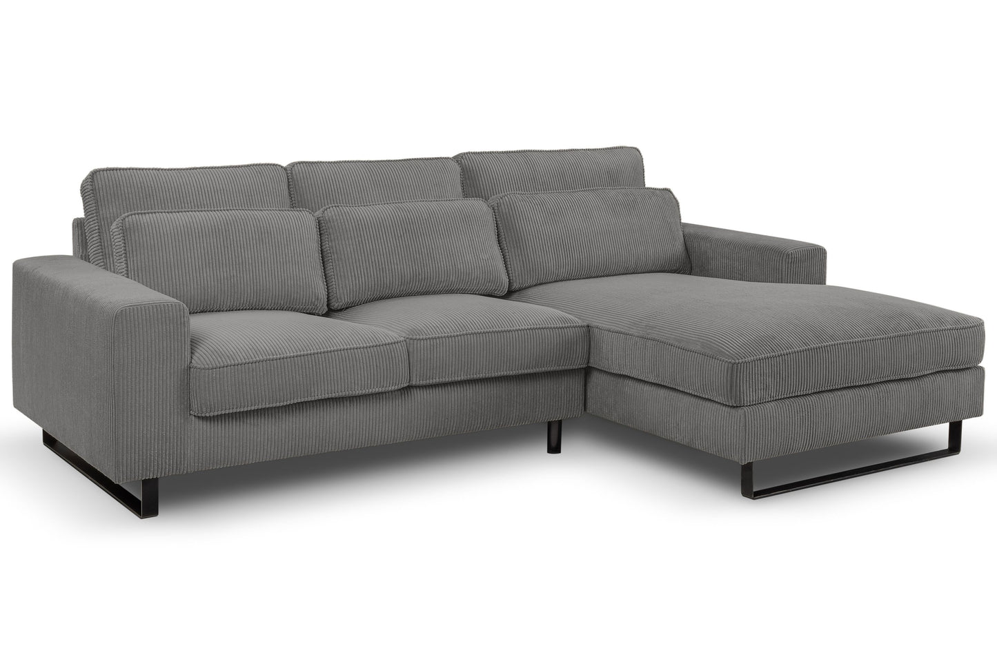 Ecksofa mit Recamiere, grauer Cord-Stoffbezug, gepolsterte Rücken- und Sitzkissen